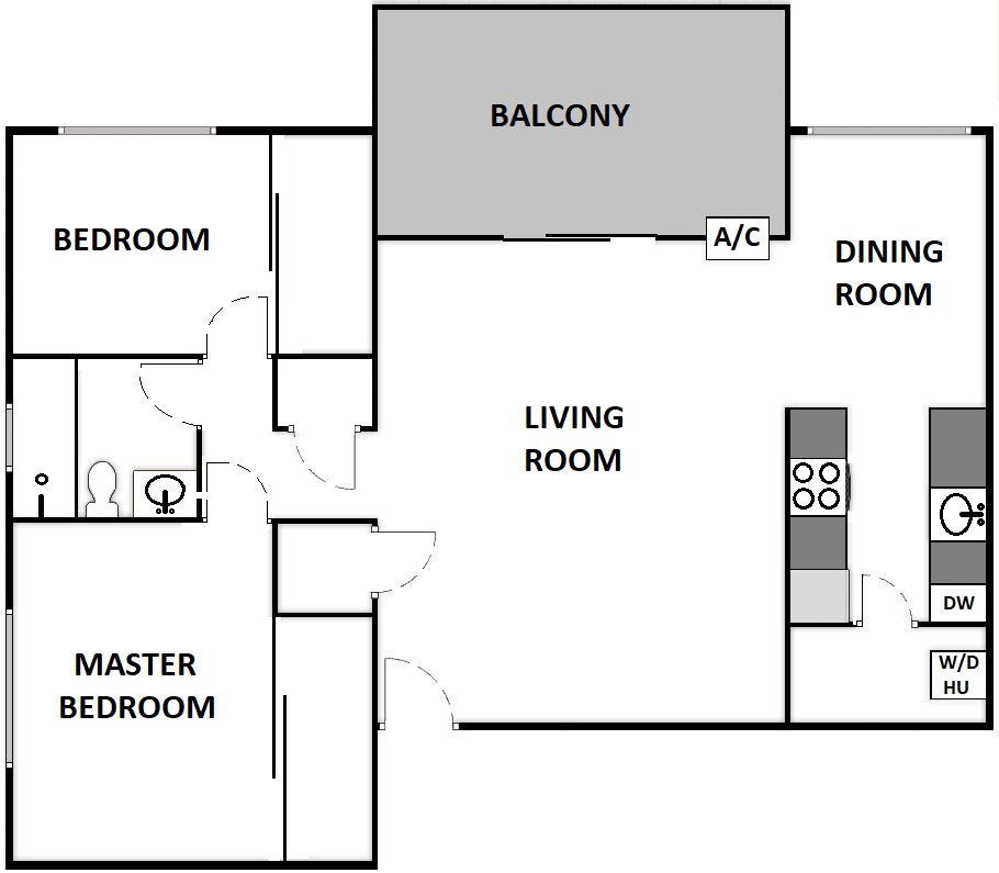 Floor plan for 2 beds, 1 bath, 1060 sqft